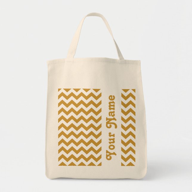 Bolsa Tote Sudan Brown Safari Chevron com nome personalizável (Frente)