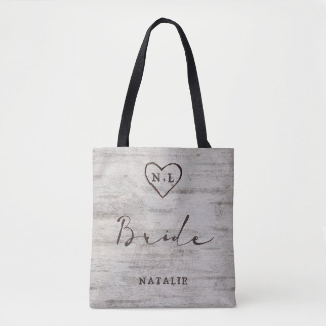 Bolsa Tote Suecas talhadas, Rustic Birch Monograma Bride (Frente)