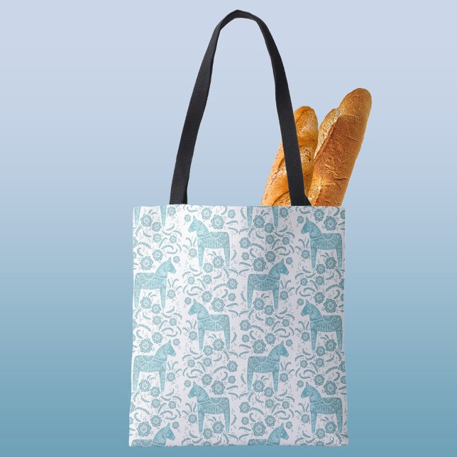 Bolsa Tote Sueco Dala Horse Tradicional Folk Art Teal Green (Swedish Dala Horse folk art teal green and white pattern tote bag)