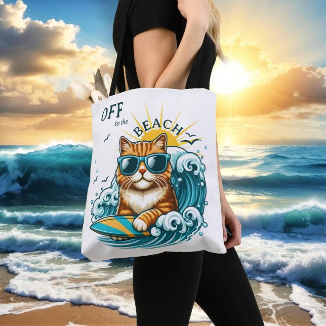 Bolsa Tote Summer Beach Legal Surf Cat (Tote bag featuring a cute kitty with sunglasses on a surf board on the waves and a warm summer sun. )