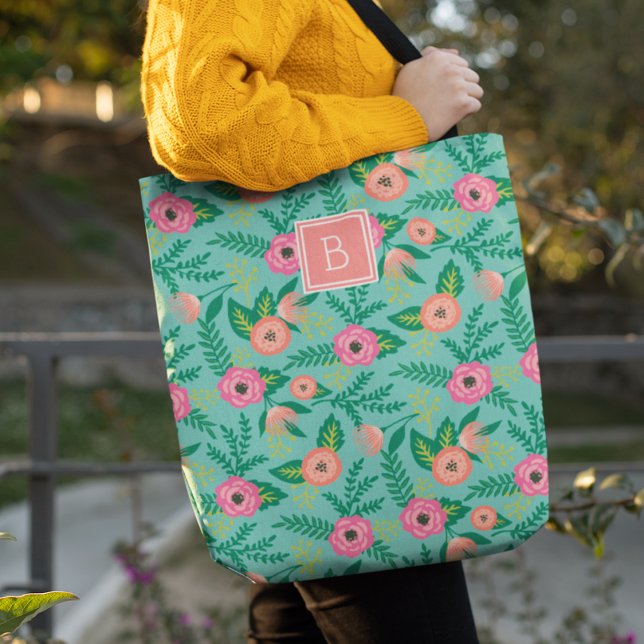 Bolsa Tote Summer Blooms | Monograma Floral Tropical (Criador carregado)
