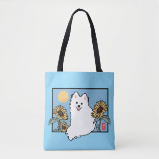 Bolsa Tote Summer Happy Spitz Dog sentado com Sunflower