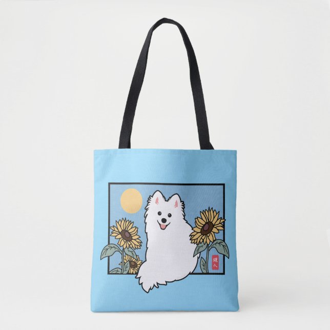 Bolsa Tote Summer Happy Spitz Dog sentado com Sunflower (Frente)