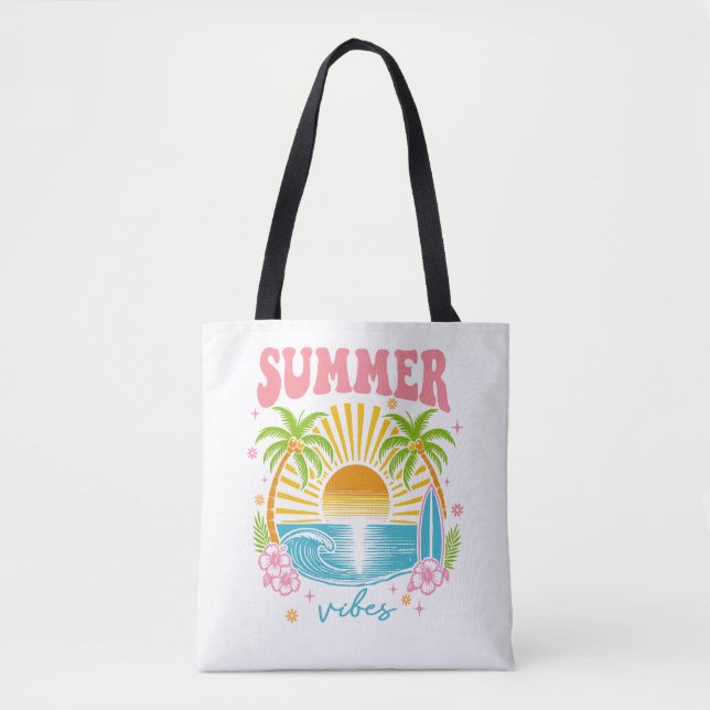 Bolsa Tote "Summer Vibes" Cheerful Boho Beach Palm Trees (Frente)