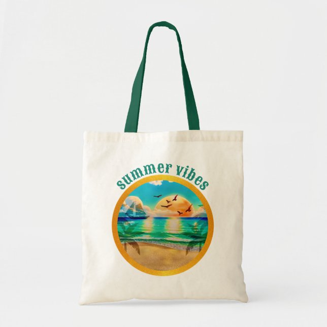 Bolsa Tote Summer Vibes, Design Tropical Beach Sunset (Frente)