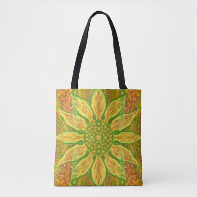 Bolsa Tote Sun Flower bohemian art amarelo laranja verde (Frente)