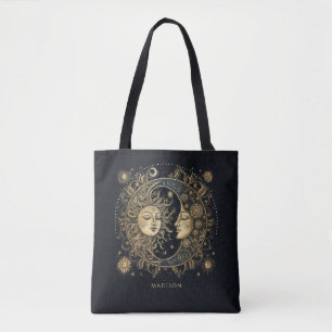Bolsa Tote Sun Moon Stars Celestial Personalizado Negro