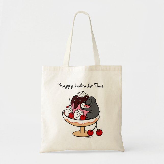 Bolsa Tote Sundae preto de Labrador & de sorvete (Frente)