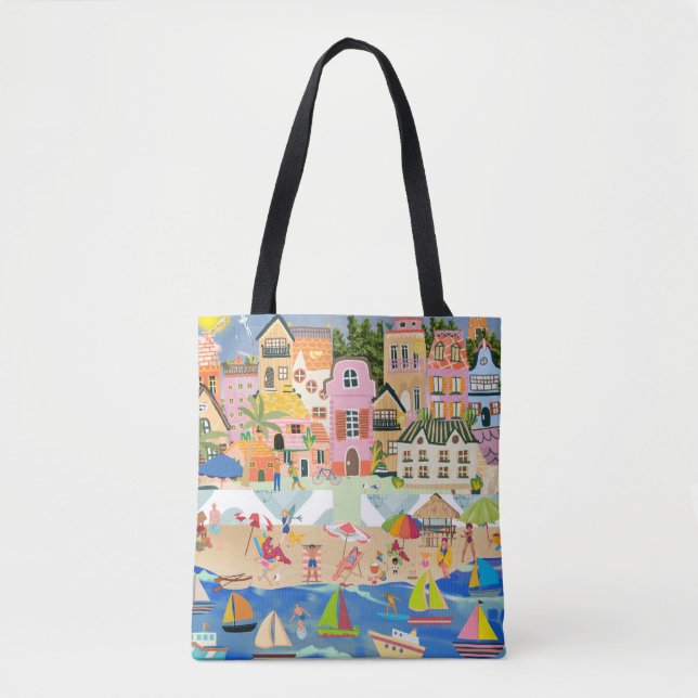 Bolsa Tote Sunny Beach Town Happy Vacist (Frente)