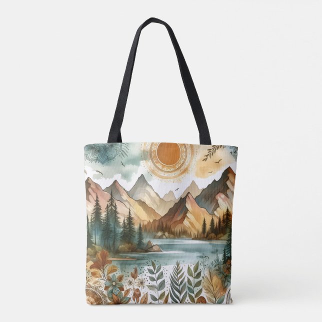 Bolsa Tote Sunny Rustic Boho Nature Pattern Mountain Lake (Verso)
