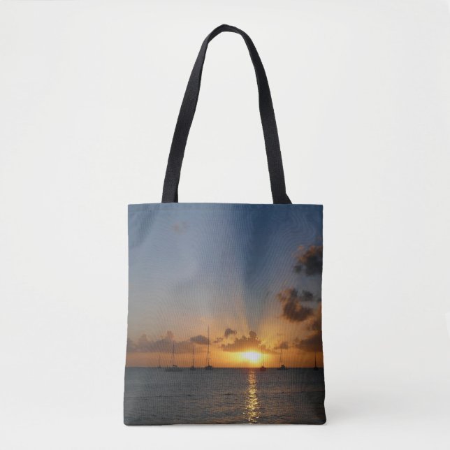 Bolsa Tote Sunset com Imagem de Paisagem Tropical de Barcos d (Frente)