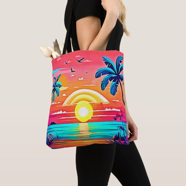 Bolsa Tote Sunset de praia tropical com arco-íris (Close Up)