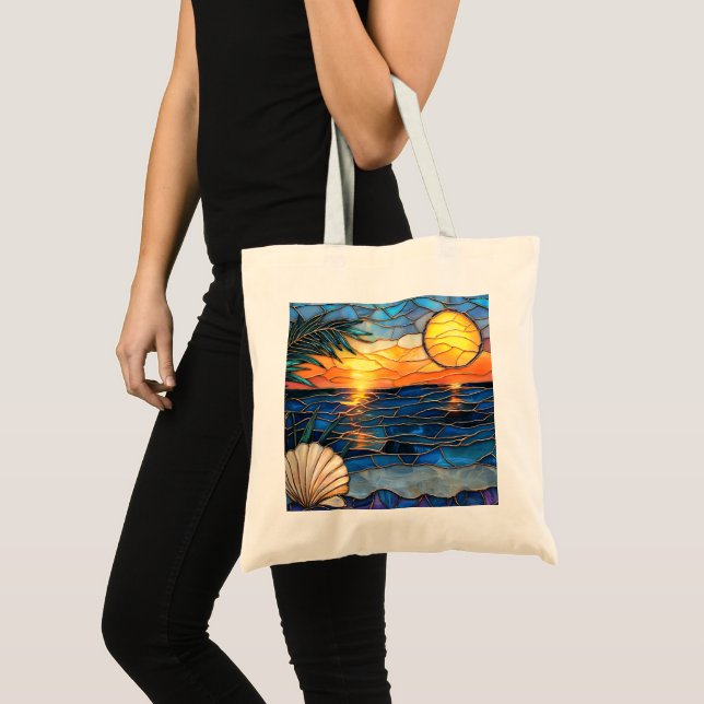 Bolsa Tote Sunset Ocean Stained Glass Tote Bag (Frente (produto))