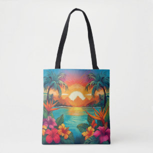 Bolsa Tote Sunset tropical vibrante com Palmeiras e Flor