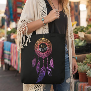 Bolsa Tote Suntuoso Dreamcatcher Rosa e Roxo Boho com Nome Pe