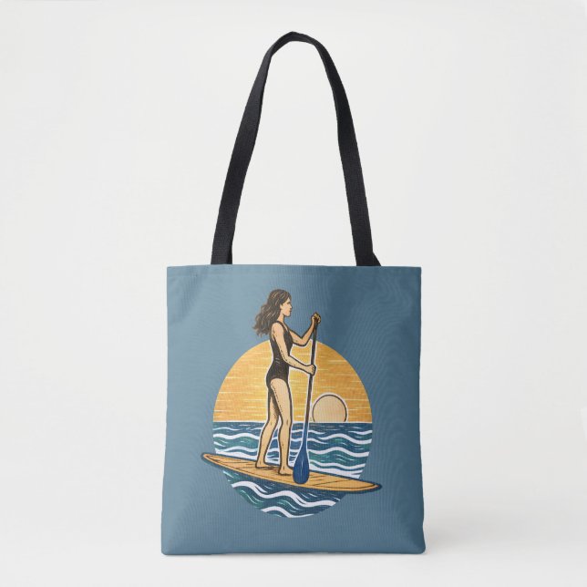 Bolsa Tote SUP Sunset Beach Paddleboard Blue Coastal Graphic (Frente)