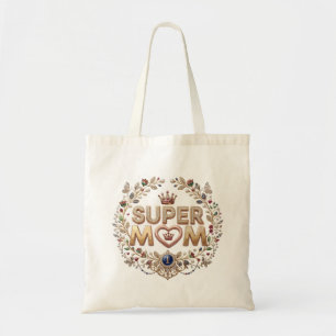 Bolsa Tote Super Mãe Coroa Floral Elegante Medalha Dourada