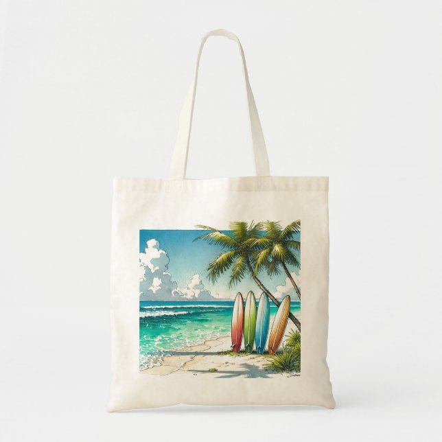 Bolsa Tote Surfboards na Aquarela de Praia e Tinta (Frente)