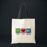 Bolsa Tote Surfe de Amor pela Paz<br><div class="desc">Presente para surfar no Peace Love. Um incrível design de surfe com um sinal de paz,  coração e um surfista legal em uma prancha de surfe cavalgando ondas azuis. Adoro ir ao oceano quando o surf é selvagem.</div>