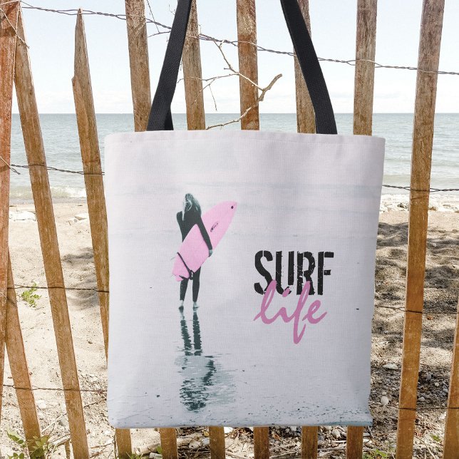 Bolsa Tote Surfer Girl Pink Surfboard Surf Art  (Criador carregado)