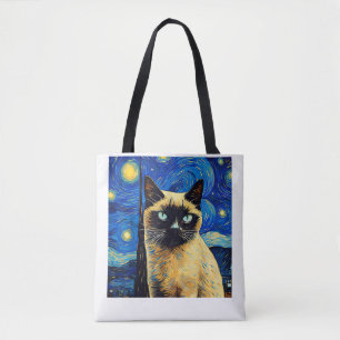 Bolsa Tote Surreal Starry Night Siamese Cat_1