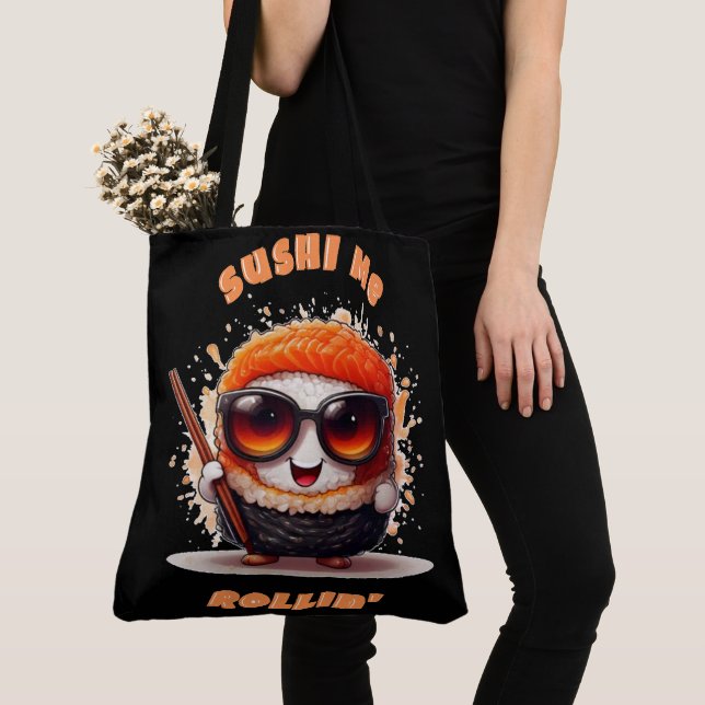 Bolsa Tote Sushi Me Rollin" - T-Shirt Kawaii Sushi Engraçado (Close Up)