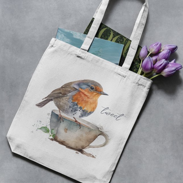 Bolsa Tote Sweet Orange Robin Bird Teacup Watercolor (Criador carregado)