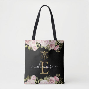 Bolsa Tote T Floral Monograma Dourado Enfermeira Graduada