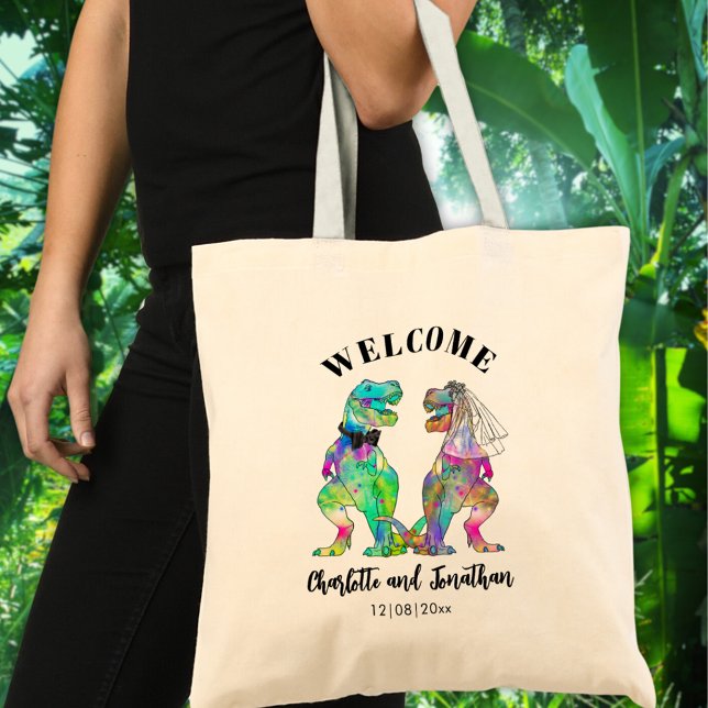 Bolsa Tote T-Rex Bride e Casamento do Groom Dinossaur Bem-Vin (Colorful T-Rex bride and groom dinosaur themed wedding welcome tote bag)