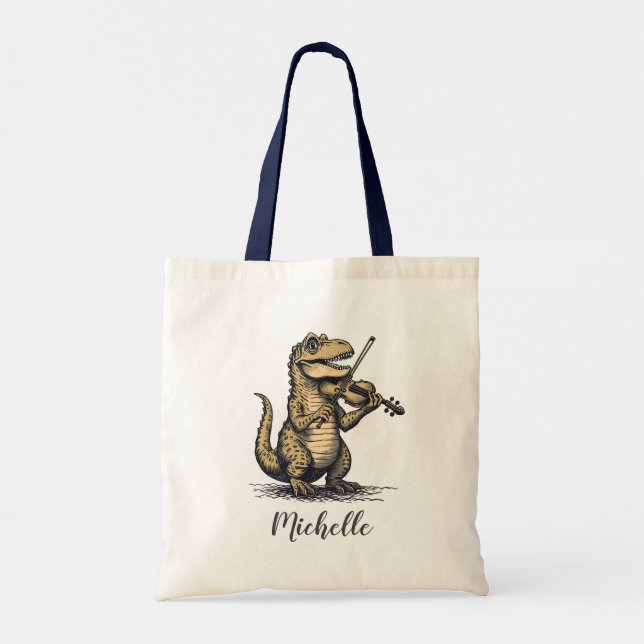 Bolsa Tote T-Rex Dinossauro Engraçado Personalizado Tocando V (Verso)