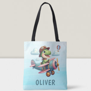Bolsa Tote T-Rex Dinossauro Fofo Voando um Avião Encantador