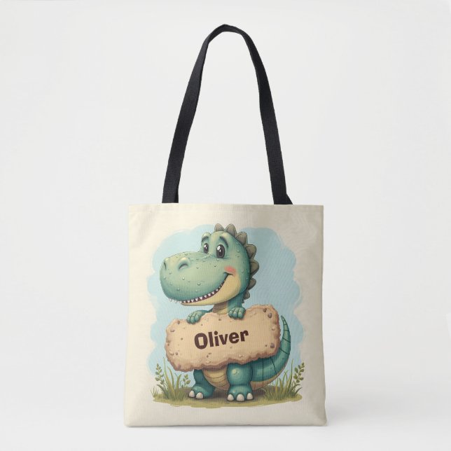 Bolsa Tote T-Rex Jovial com Placa de Nome de Pedra (Frente)