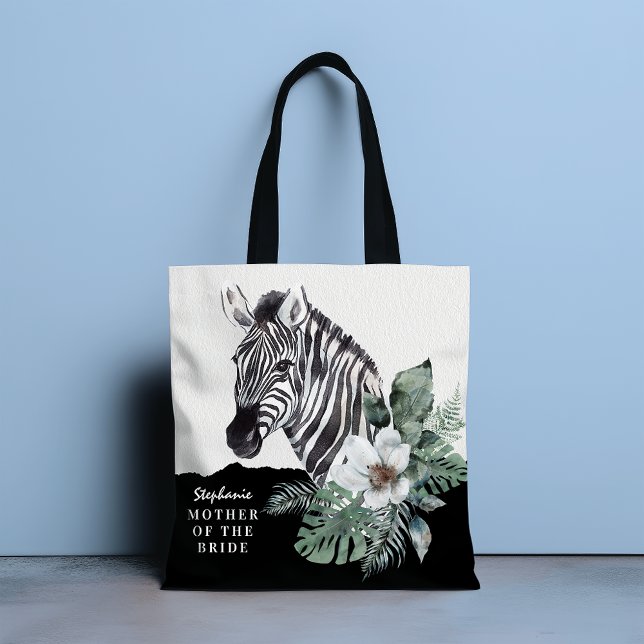Bolsa Tote T-shirt Floral Zebra Mãe da Noiva Nome em Aquarela (Criador carregado)