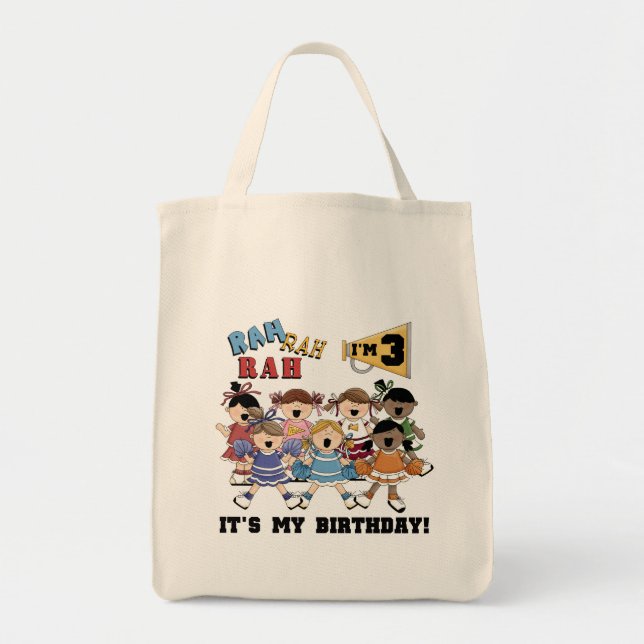 Bolsa Tote T-shirts e cheerleader de aniversário de 3 anos (Frente)