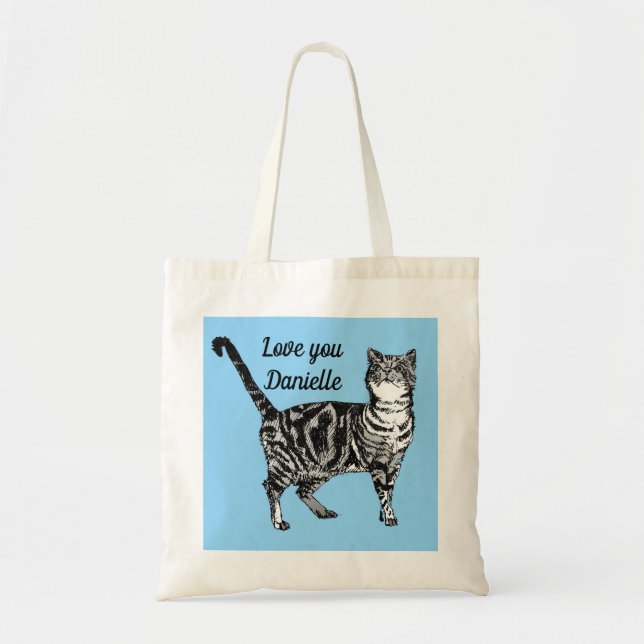 Bolsa Tote Tabby Cat Cats Light Blue Girls Nome Tote Bag (Frente)
