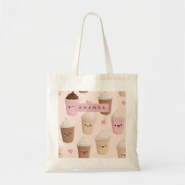 Bolsa Tote Taça de café Kawaii, rosa-branca personalizada