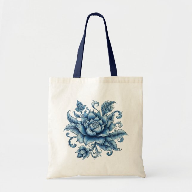 Bolsa Tote Tailandês Blue Lotus, Tailandês Art, Thai Design,  (Frente)