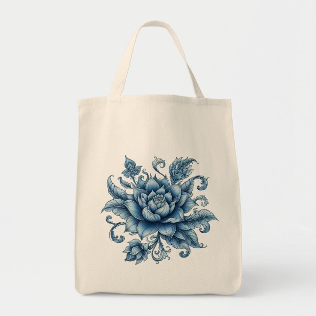 Bolsa Tote Tailandês Blue Lotus, Tailandês Art, Thai Design,  (Frente)
