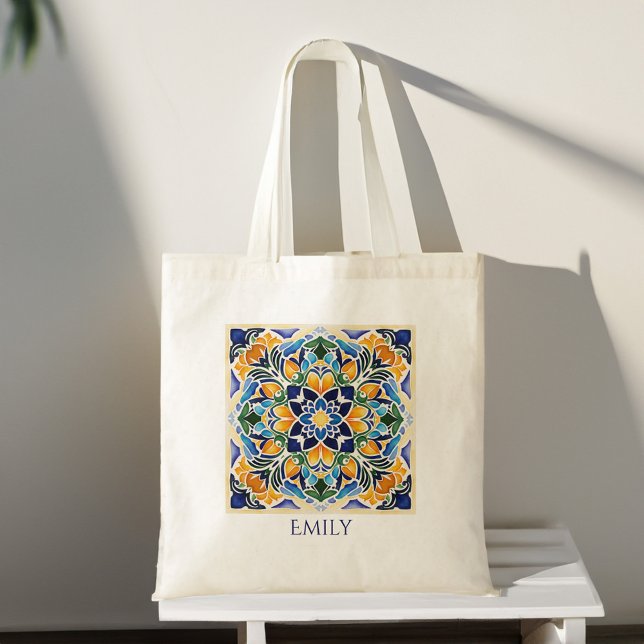 Bolsa Tote Talavera azulejo vintage mexicano nome personaliza (Talavera azulejo vintage Mexican tiles customized personalized name Tote Bag bridesmaids gifts)