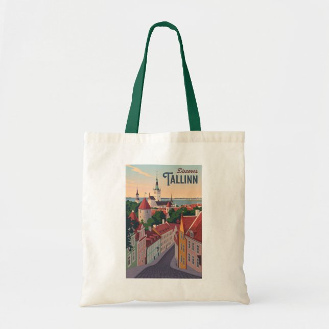 Bolsa Tote Tallinn Estônia Ilustração Viagem Art Vintage (Frente)