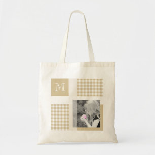 Bolsa Tote Tan Adicionar Sua Foto Gingham Modern Brown Monogr