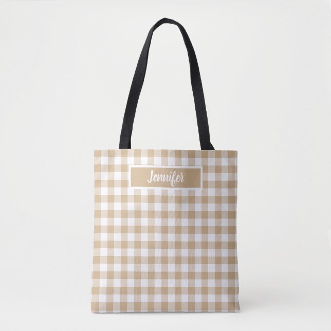Bolsa Tote Tan Beige Plaid Gingham Personalized (Frente)