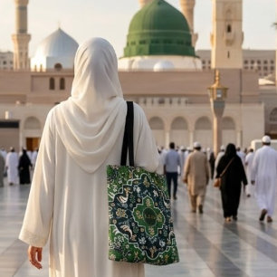 Bolsa Tote Tapete Islâmico Verde Personalizado de Madinah Umr