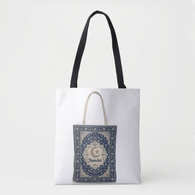 Bolsa Tote Tapete Persa Azul com texto Mashallah.  (Frente)