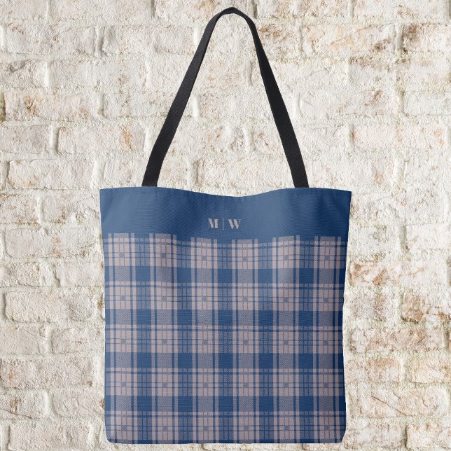 Bolsa Tote Tartan - Azul Marinho com castanho claro e escuro (Tartan - Navy Blue with Light and Dark Taupe Brown Tote Bag by Leapfroglisics Shop)