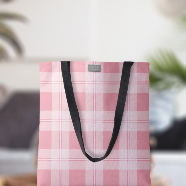 Bolsa Tote Tartan Rosa Verificar Padrão de Xadrez Monograma M (A pretty pink plaid tartan check tote bag with space for your initials)