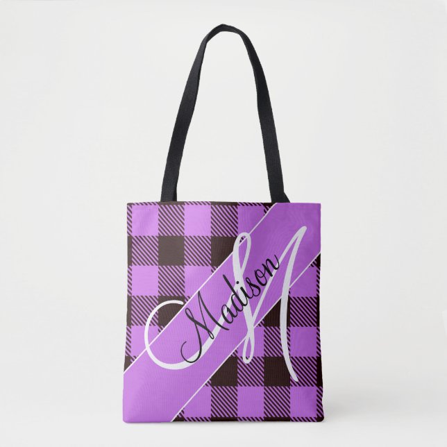 Bolsa Tote Tartan Xadrez Preta da Orquídea Moderna | Adicione (Frente)