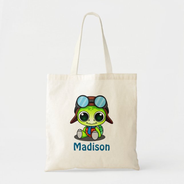 Bolsa Tote Tartaruga Chibi Cuta Personalizada no Chapéu Aviad (Frente)