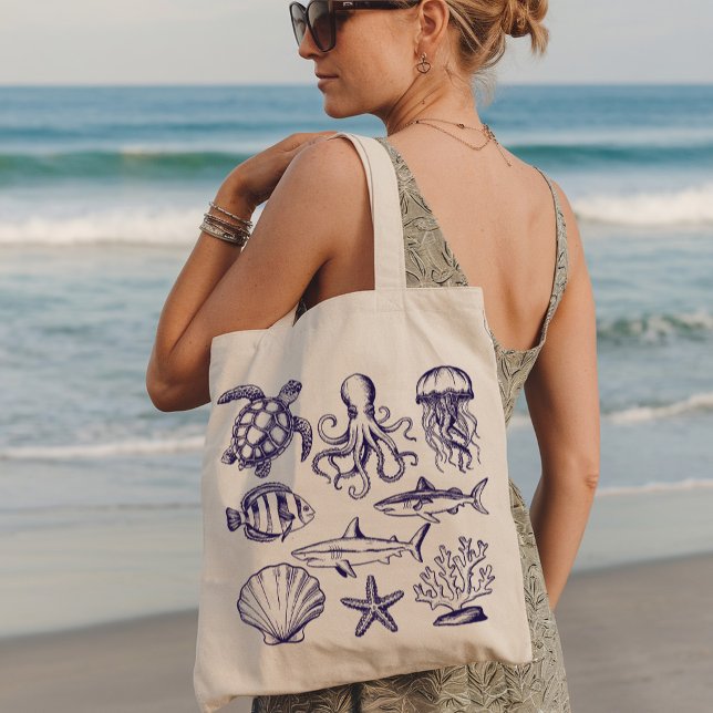 Bolsa Tote Tartaruga de praia de Verão Tubarão de Peixe Octop (Criador carregado)