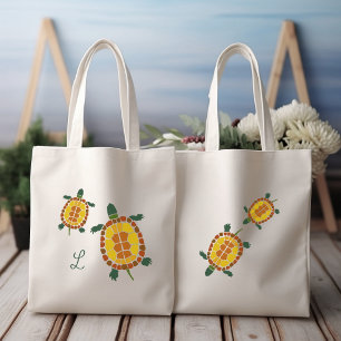 Bolsa Tote Tartarugas de Jardim Desenhadas à Mão Inicial Pess
